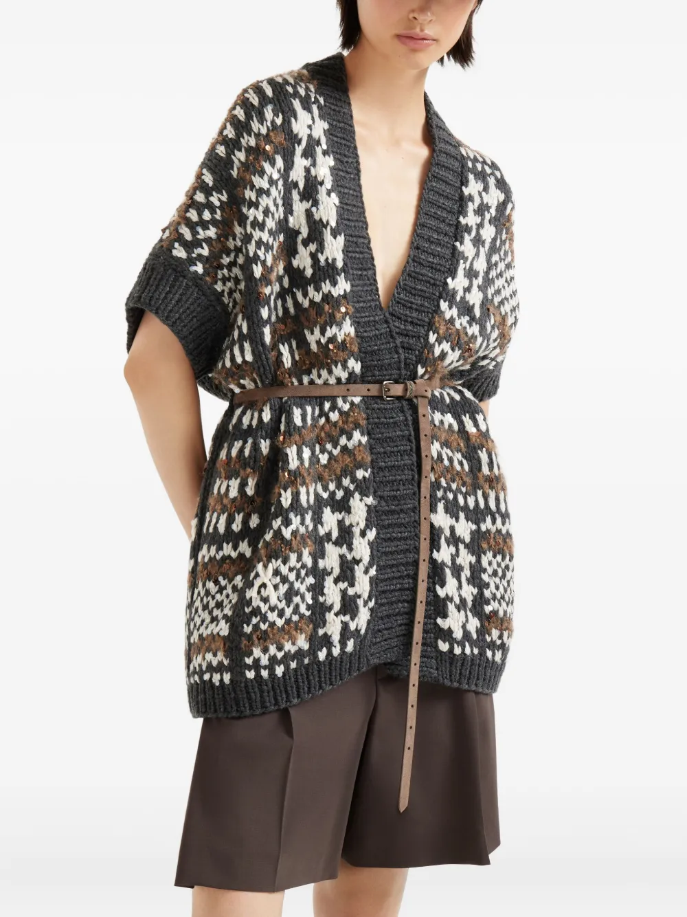 Brunello Cucinelli Vest met pied-de-poule print en korte mouwen Zwart