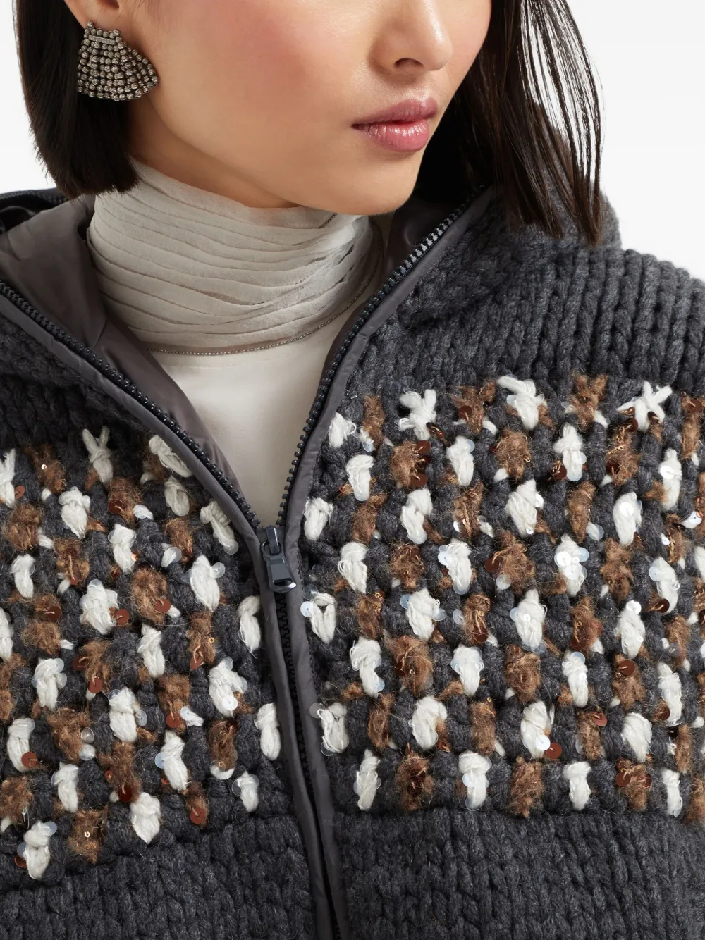 Brunello Cucinelli Sequin-embellished Hooded Vest In Gray