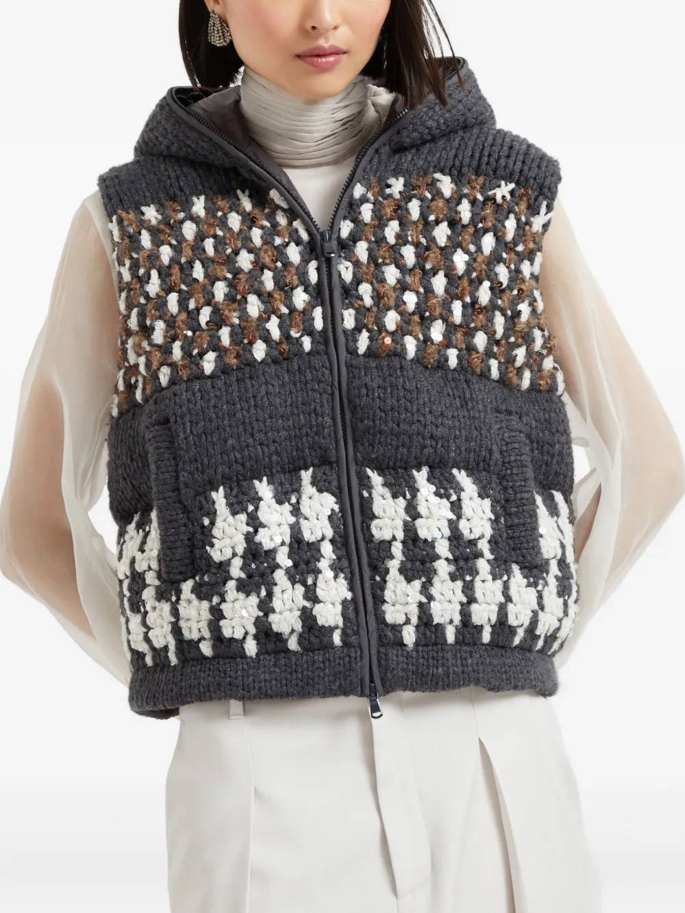 Brunello Cucinelli Sequin-embellished Hooded Vest In Gray