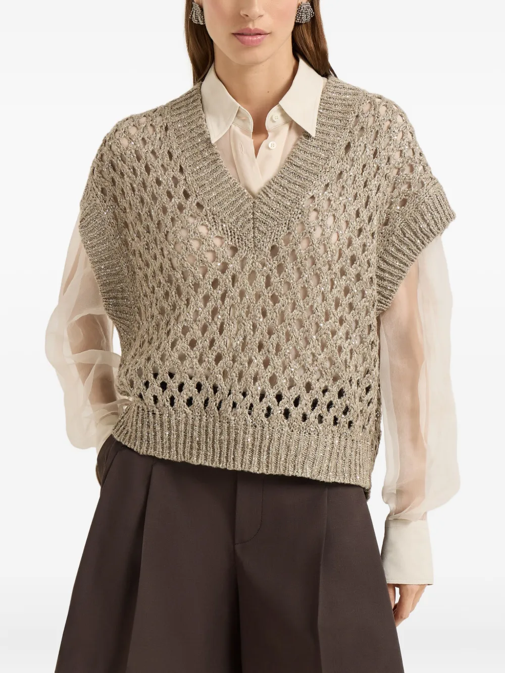 Brunello Cucinelli Open-knit Sleeveless Top In Gray