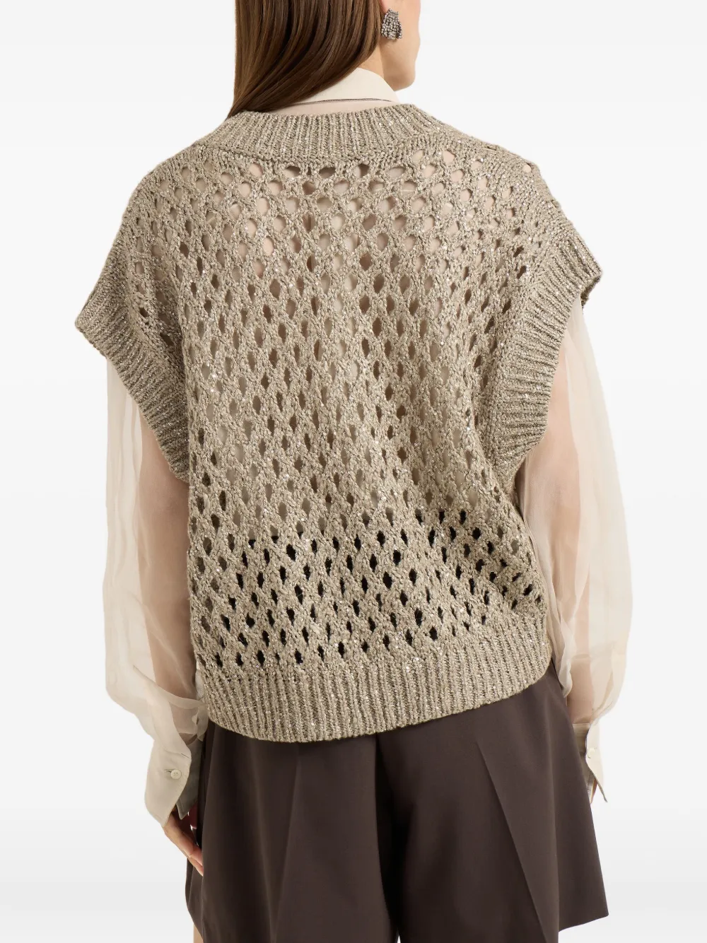 Brunello Cucinelli Open-knit Sleeveless Top In Gray