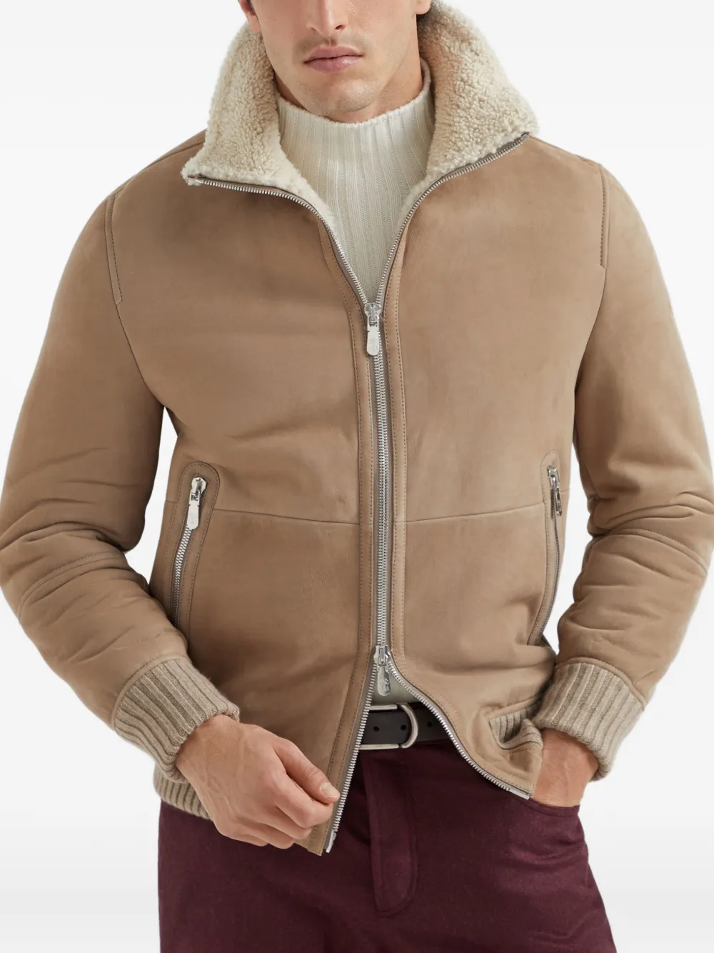 Brunello Cucinelli Suède jack met lammy kraag Bruin