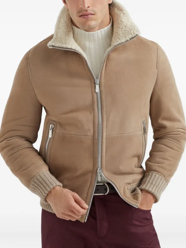 Brunello Cucinelli shearling-collared Suede Jacket | Brown