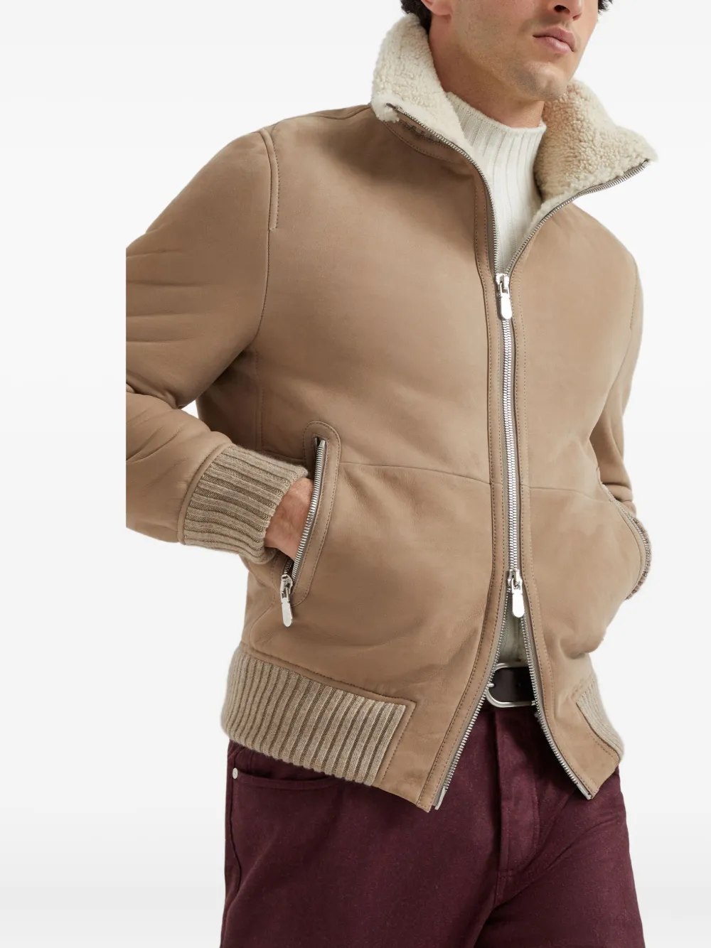 Brunello Cucinelli Suède jack met lammy kraag Bruin