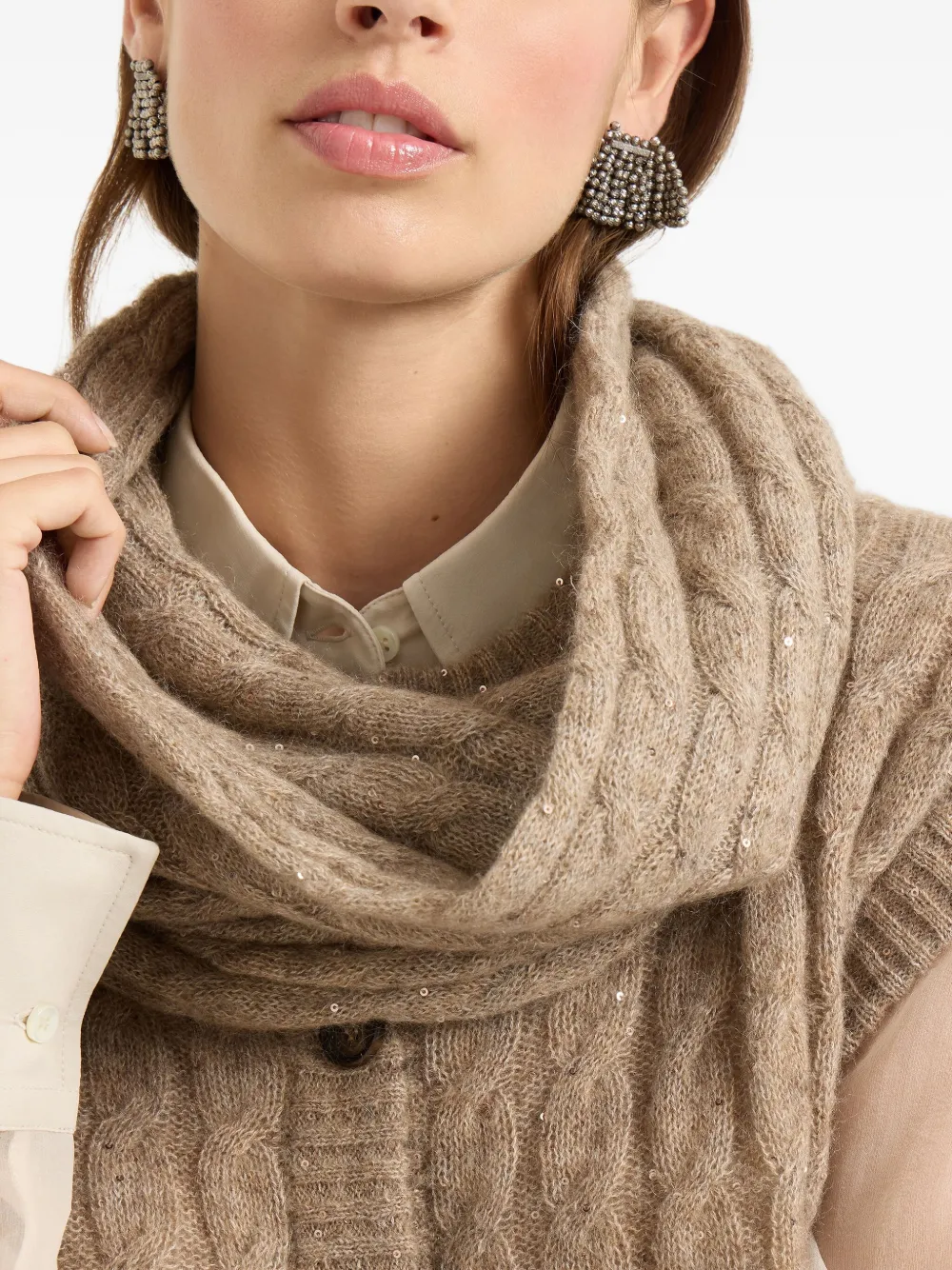Brunello Cucinelli Kabelgebreide sjaal met pailletten Bruin