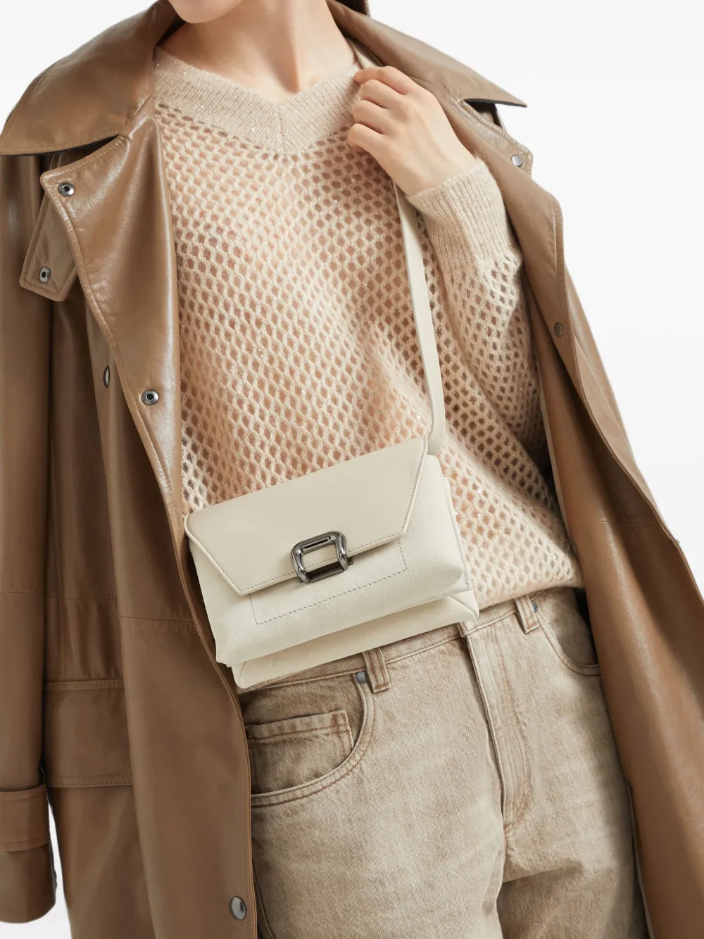 Brunello Cucinelli Kleine Sartorial leren crossbodytas Beige