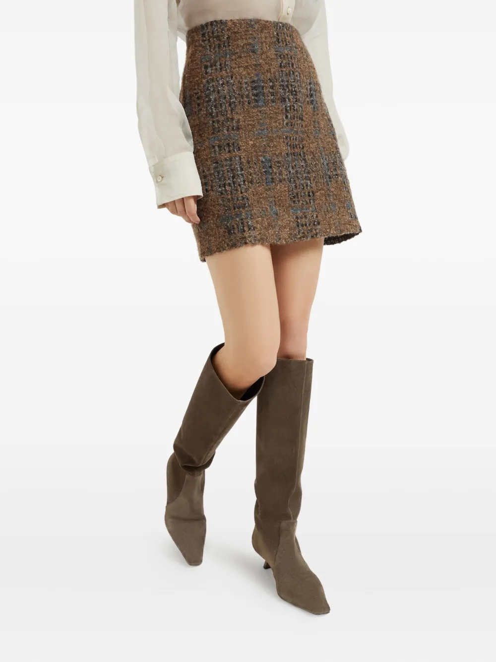 Brunello Cucinelli Mini Skirt With Prince Of Wales Embroidery In Brown