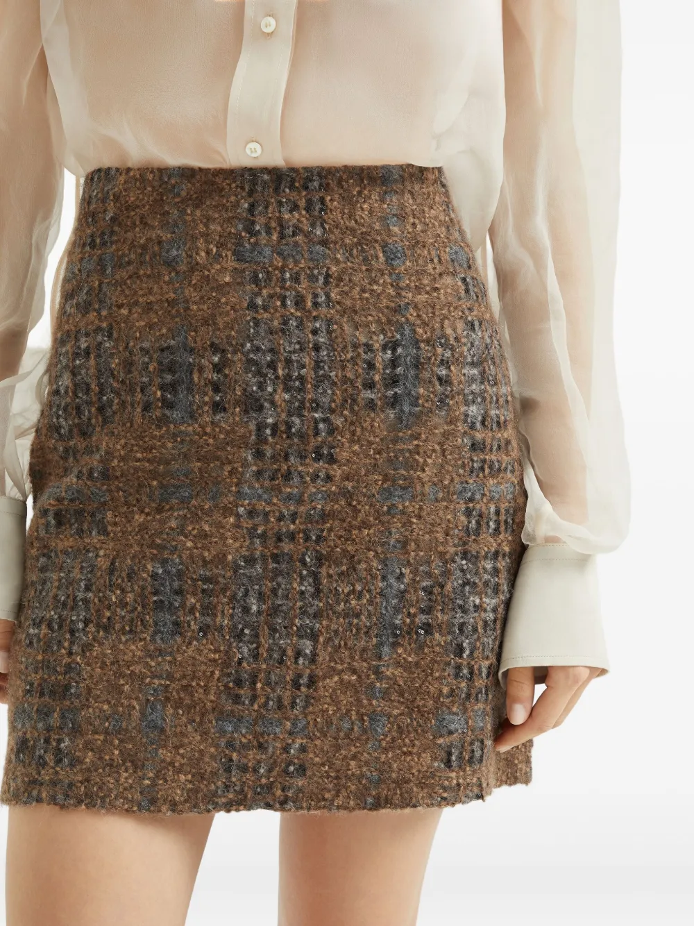 Brunello Cucinelli Mini Skirt With Prince Of Wales Embroidery In Brown
