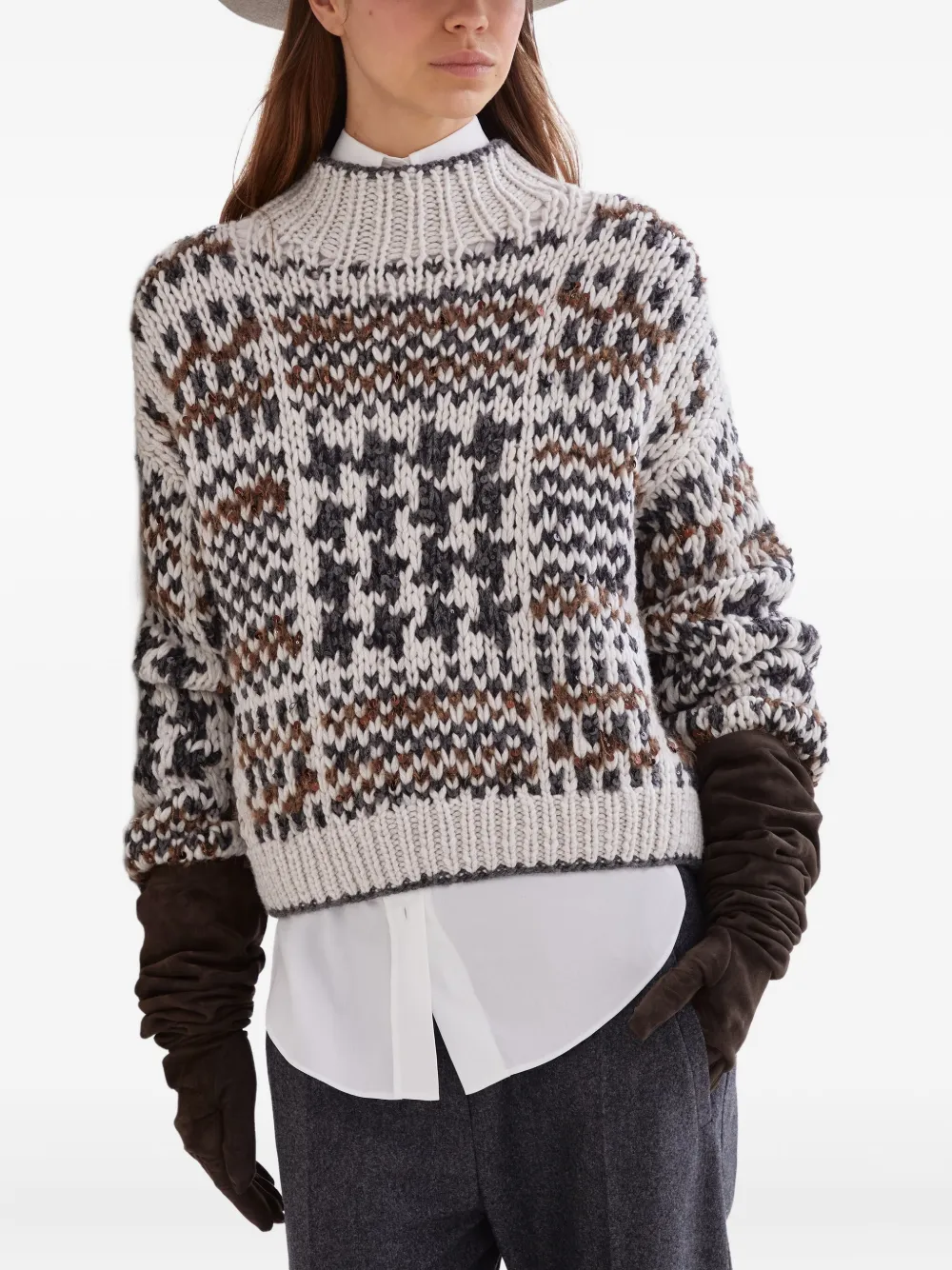 Brunello Cucinelli Trui verfraaid met patroon van pailletten Beige