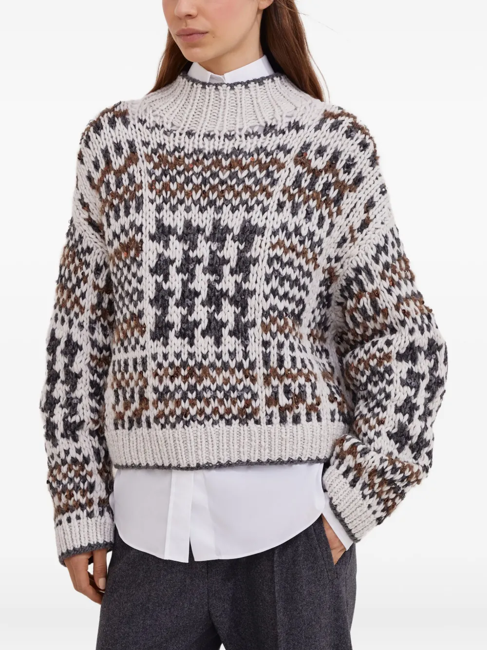 Brunello Cucinelli Trui verfraaid met patroon van pailletten Beige