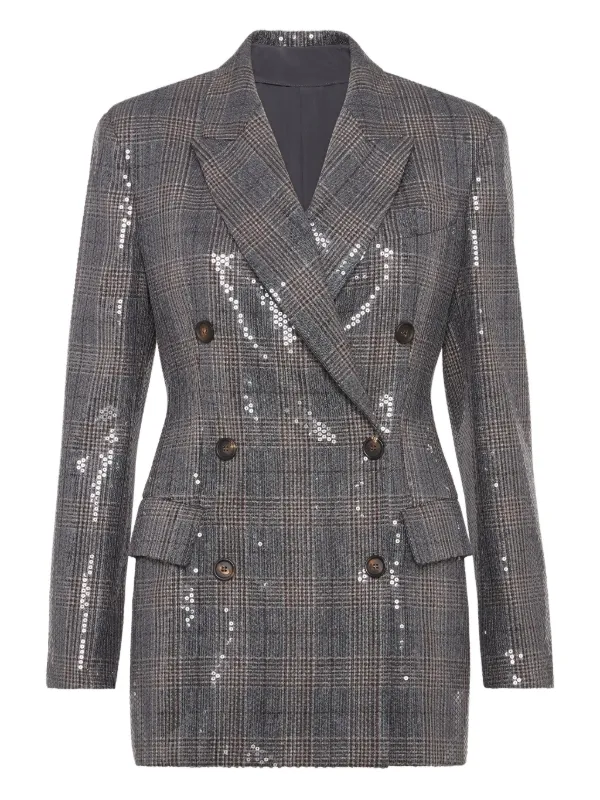 Brunello Cucinelli スパンコール チェック ジャケット | グレー