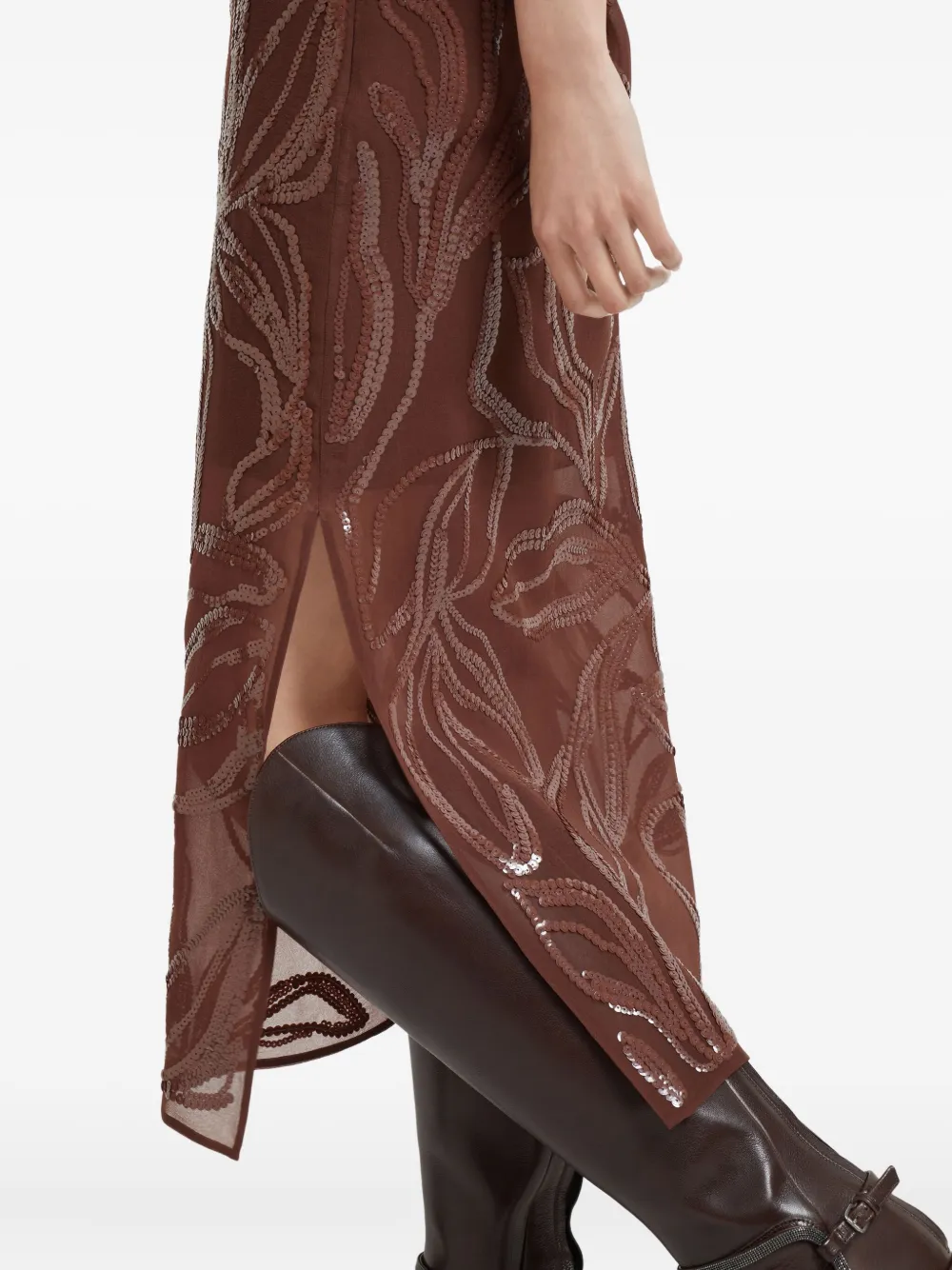 Brunello Cucinelli Midi-rok met bloemenprint en pailletten Bruin