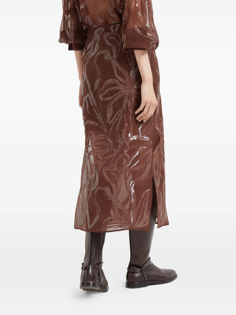 Brunello Cucinelli Midi-rok met bloemenprint en pailletten Bruin