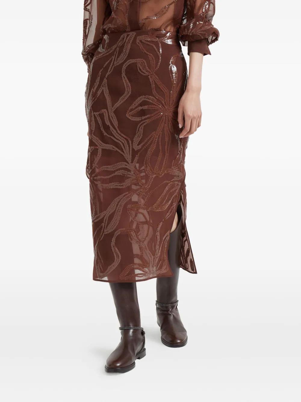 Brunello Cucinelli Midi-rok met bloemenprint en pailletten Bruin