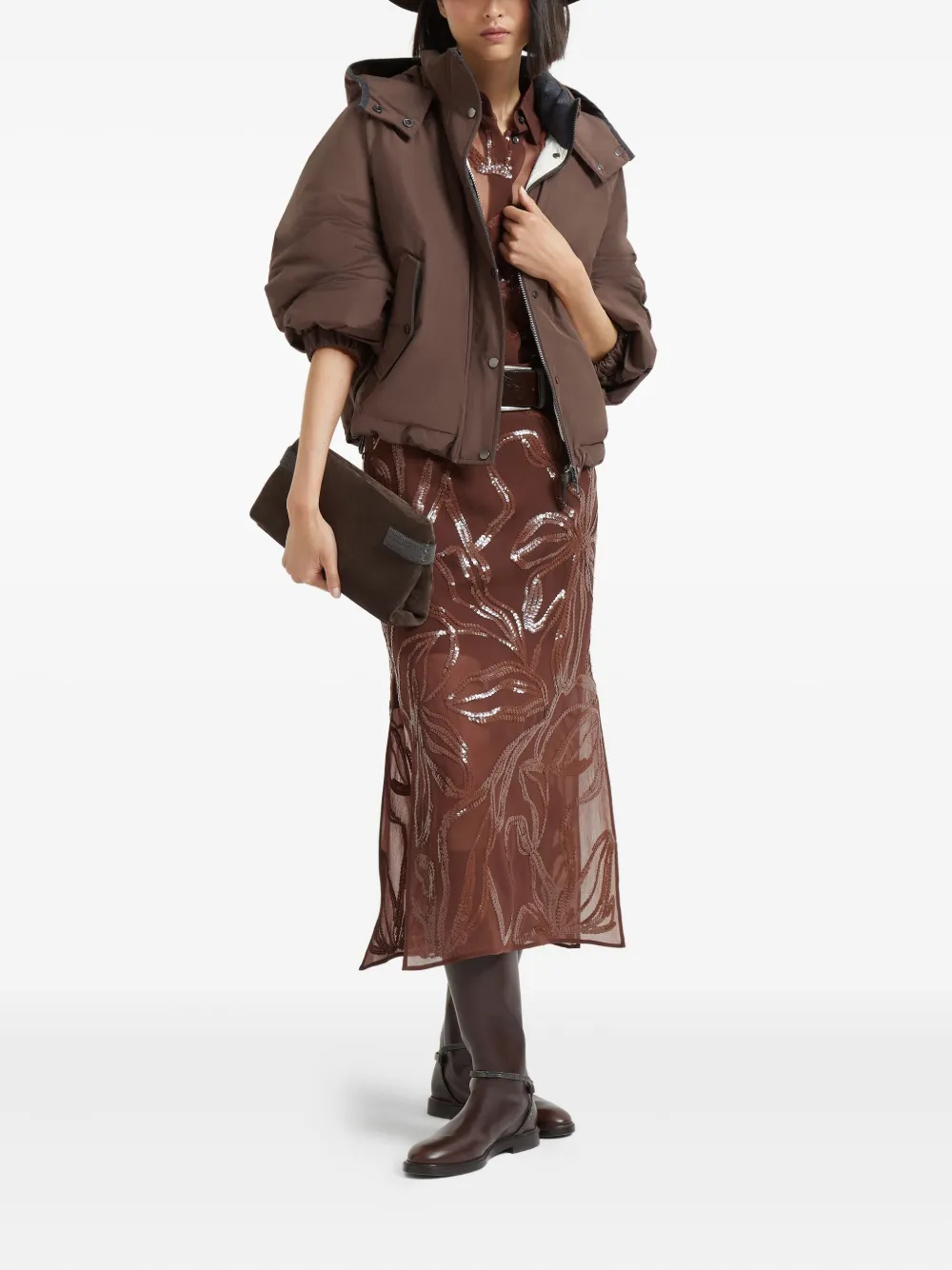 Brunello Cucinelli Midi-rok met bloemenprint en pailletten Bruin