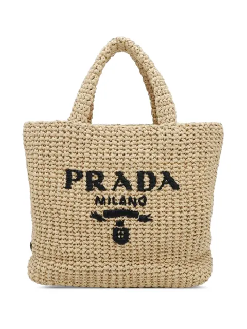 Prada Pre-Owned 2013-2025 Small Raffia Effect Crochet Embroidered Logo tote bag