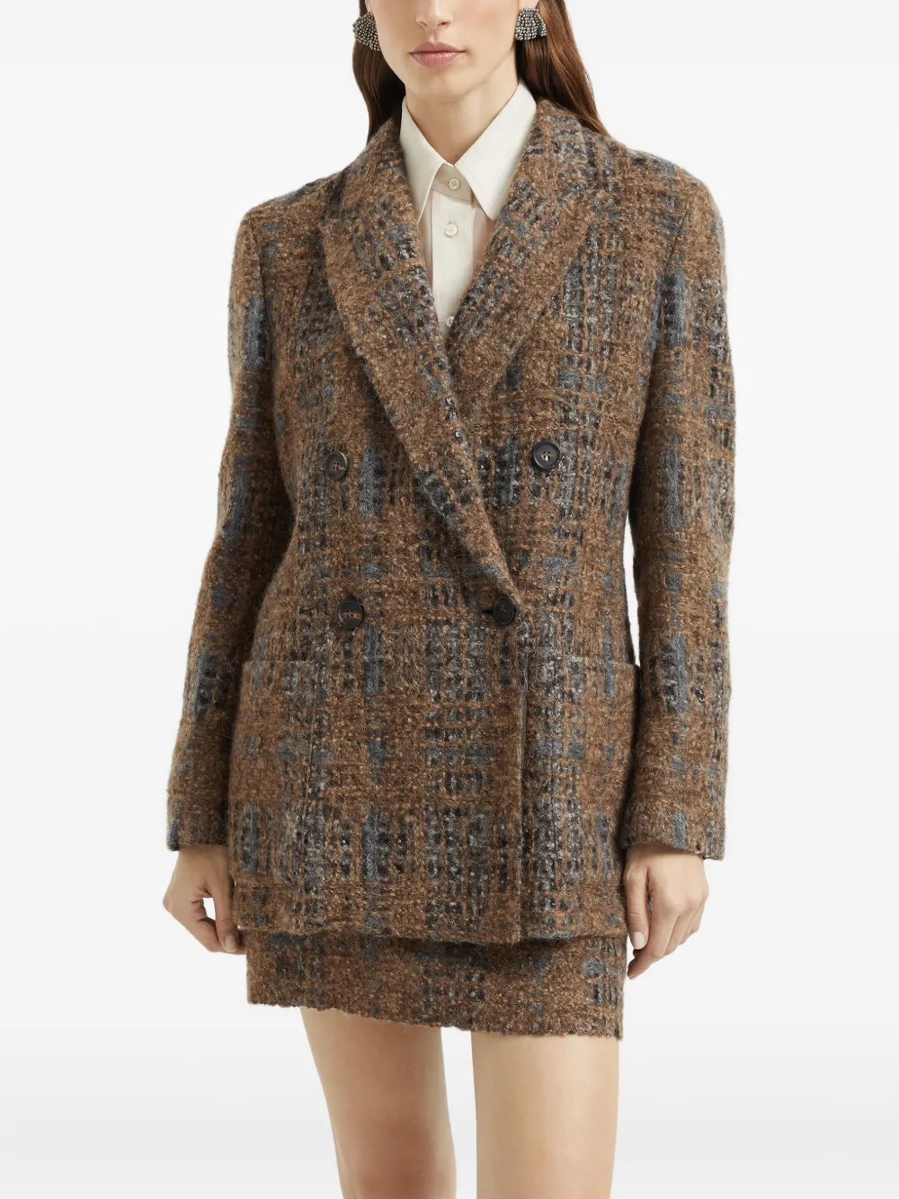 Brunello Cucinelli Double-breasted Checked Blazer In Brown