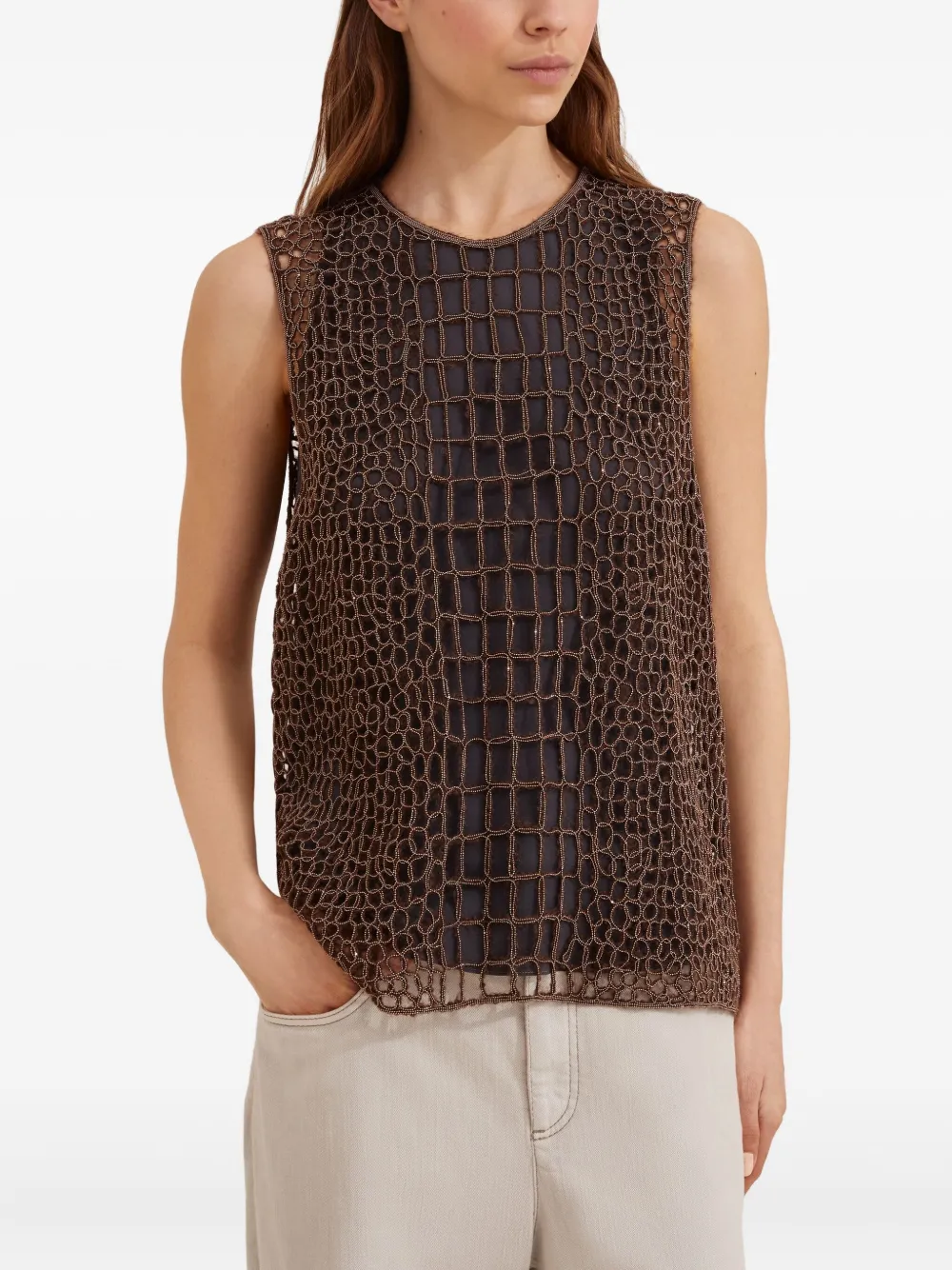 Brunello Cucinelli Top met krokodillen-reliëf Bruin