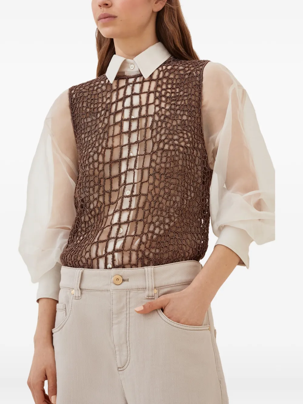 Brunello Cucinelli Top met krokodillen-reliëf Bruin