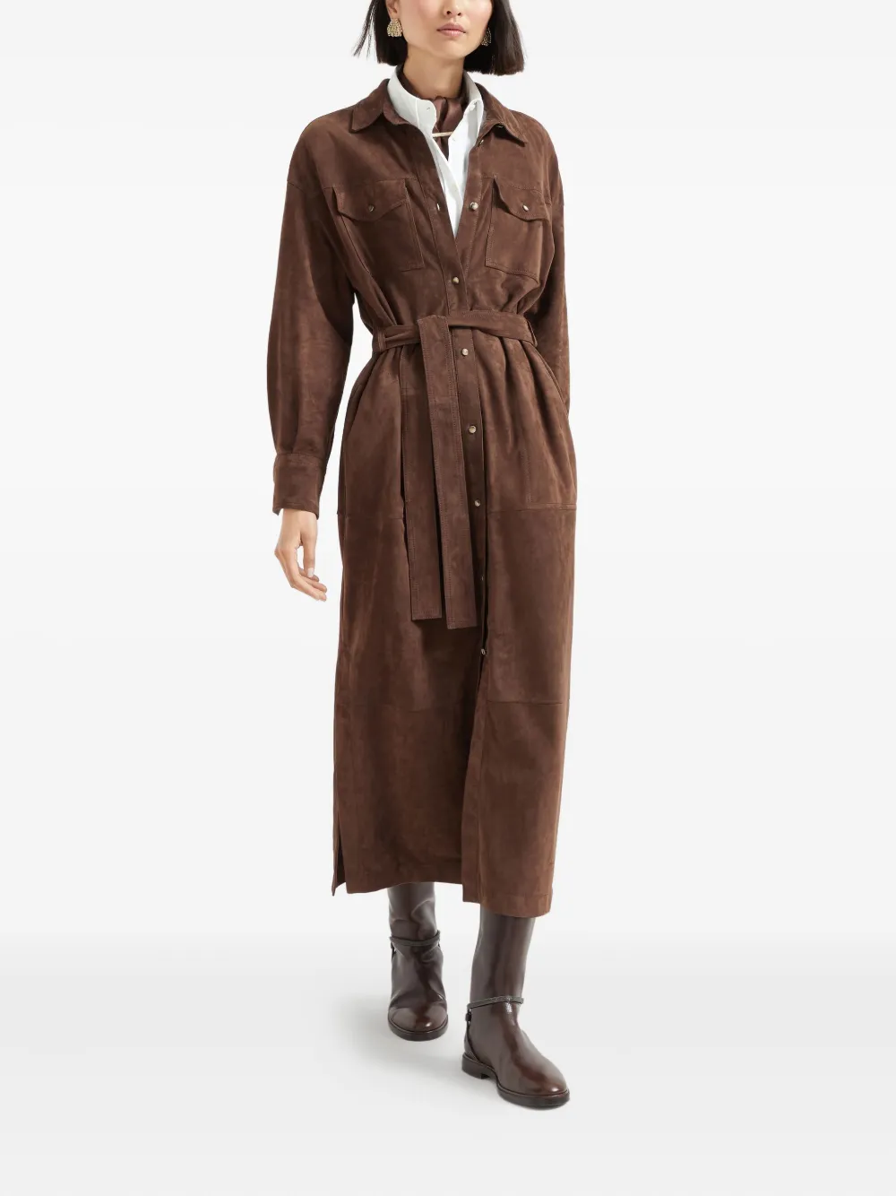 Brunello Cucinelli belted suede shirt dress Bruin