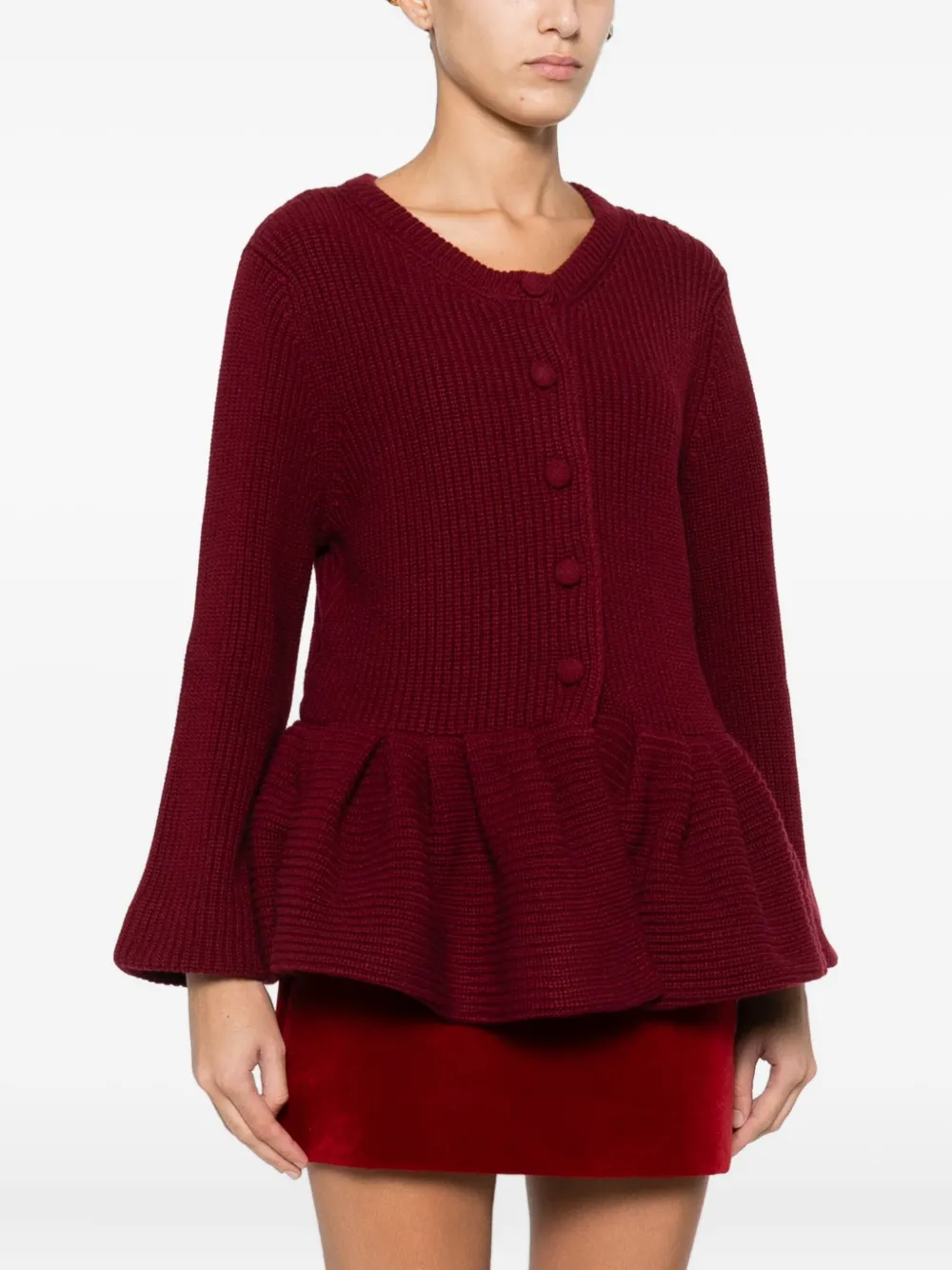 Liberowe Ruffled Cashmere Peplum Cardigan In Burgundy