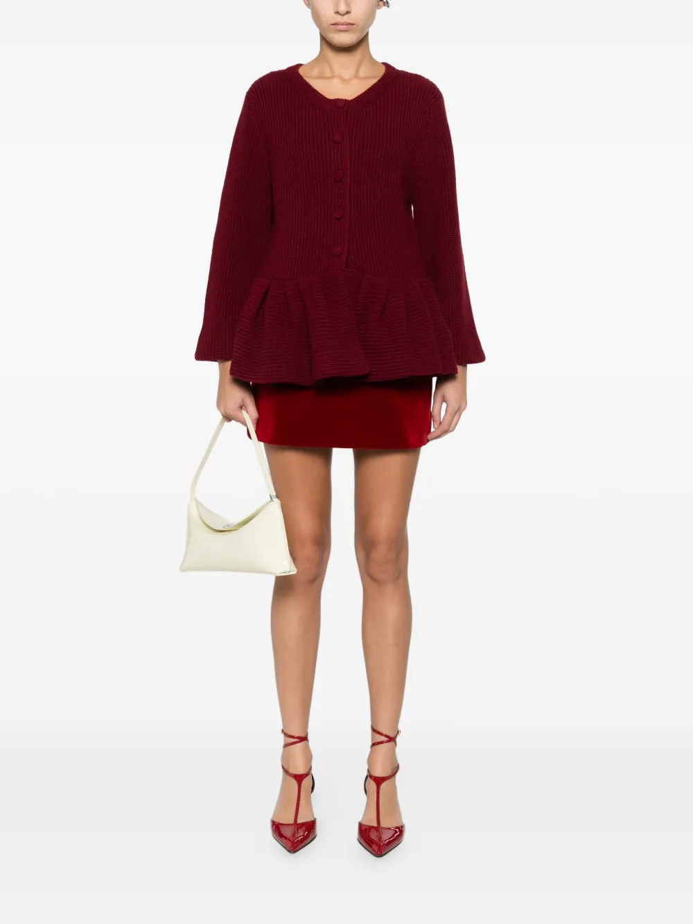 Liberowe Ruffled Cashmere Peplum Cardigan In Burgundy