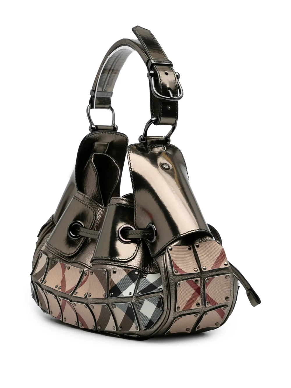 Pre-owned Burberry 2000-2017 Mini Metallic Leather And Super Nova Check Canvas Studded Warrior Hobo Shoulder Bag