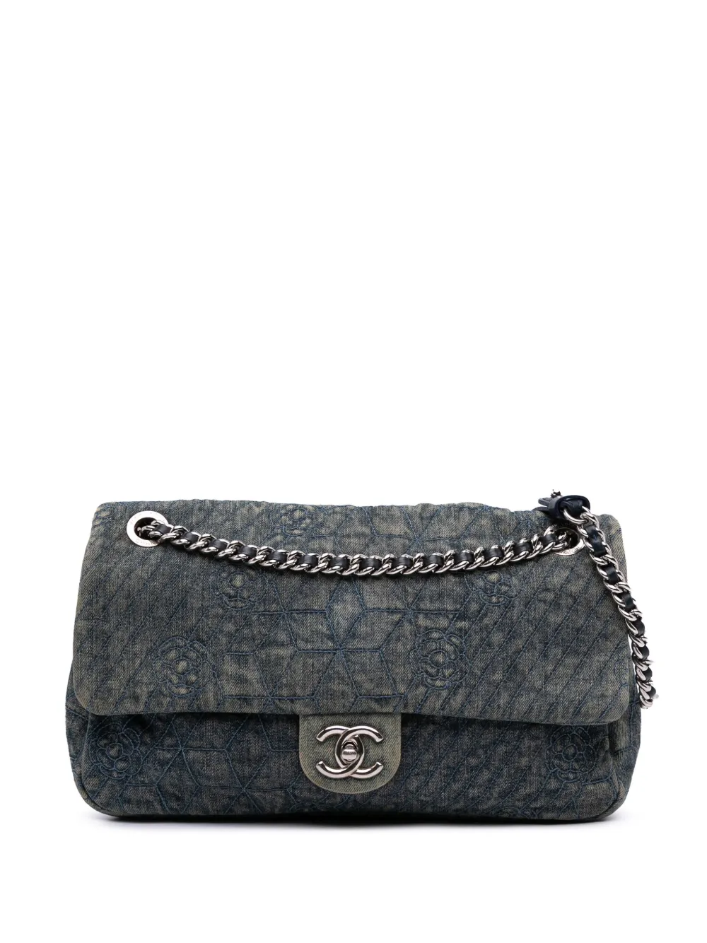 Pre-owned Chanel 2012 Large Embroidered Denim Camellia Flap Crossbody Bag