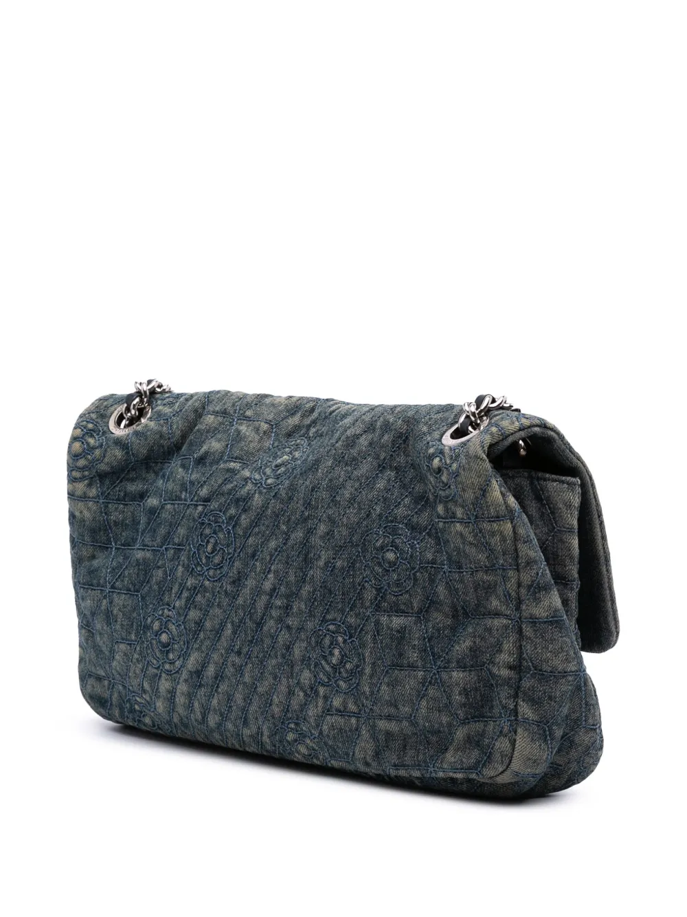 Pre-owned Chanel 2012 Large Embroidered Denim Camellia Flap Crossbody Bag