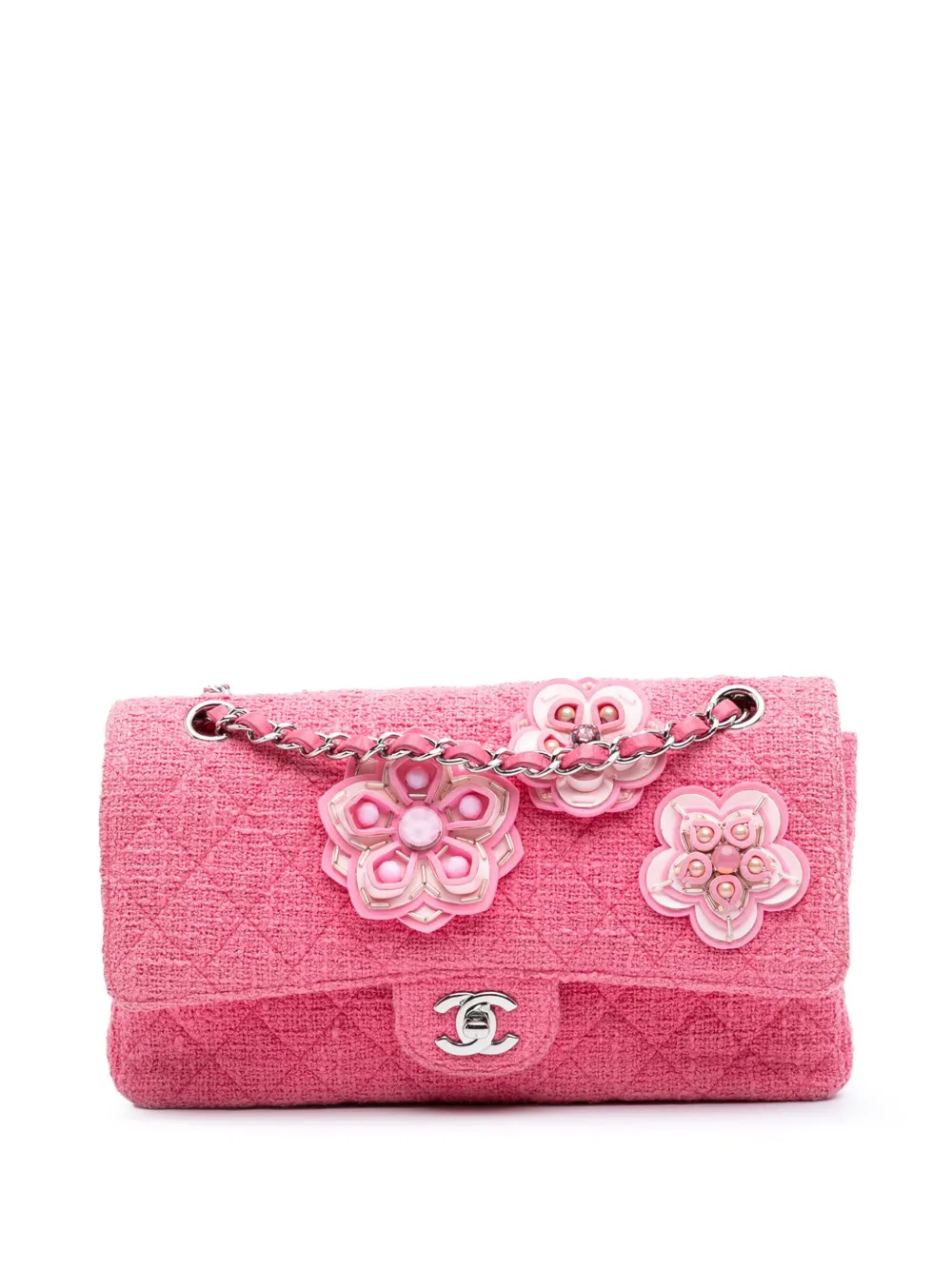CHANEL Pre-Owned 2016-2017 Medium Classic Tweed Beaded Flower Double Flap shoulder bag | Pink | Image 1