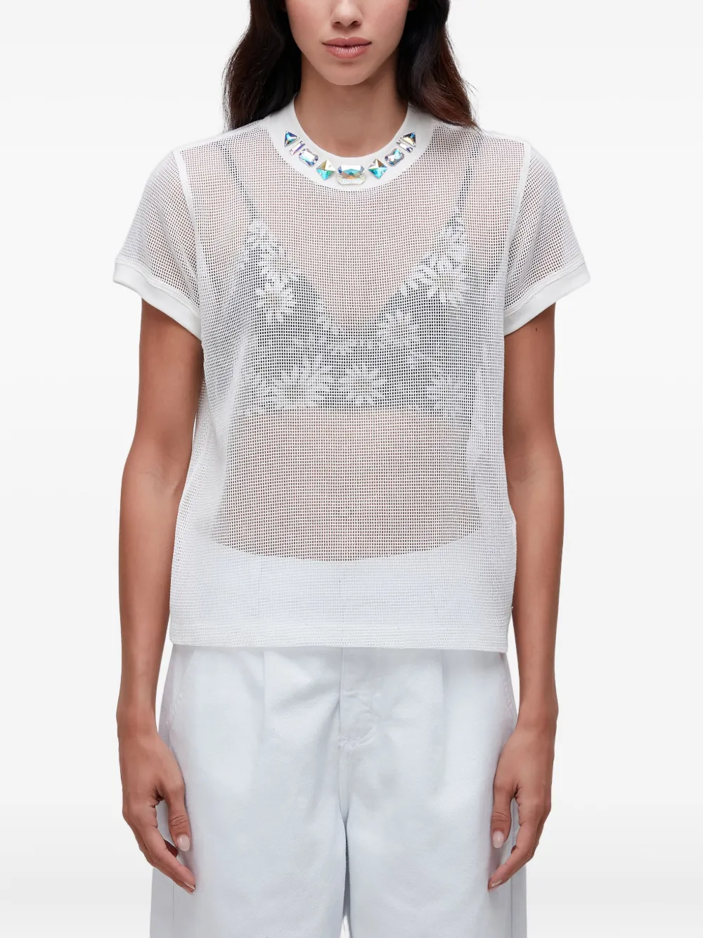 Osklen crystal-embellished mesh T-shirt | White | Image 1