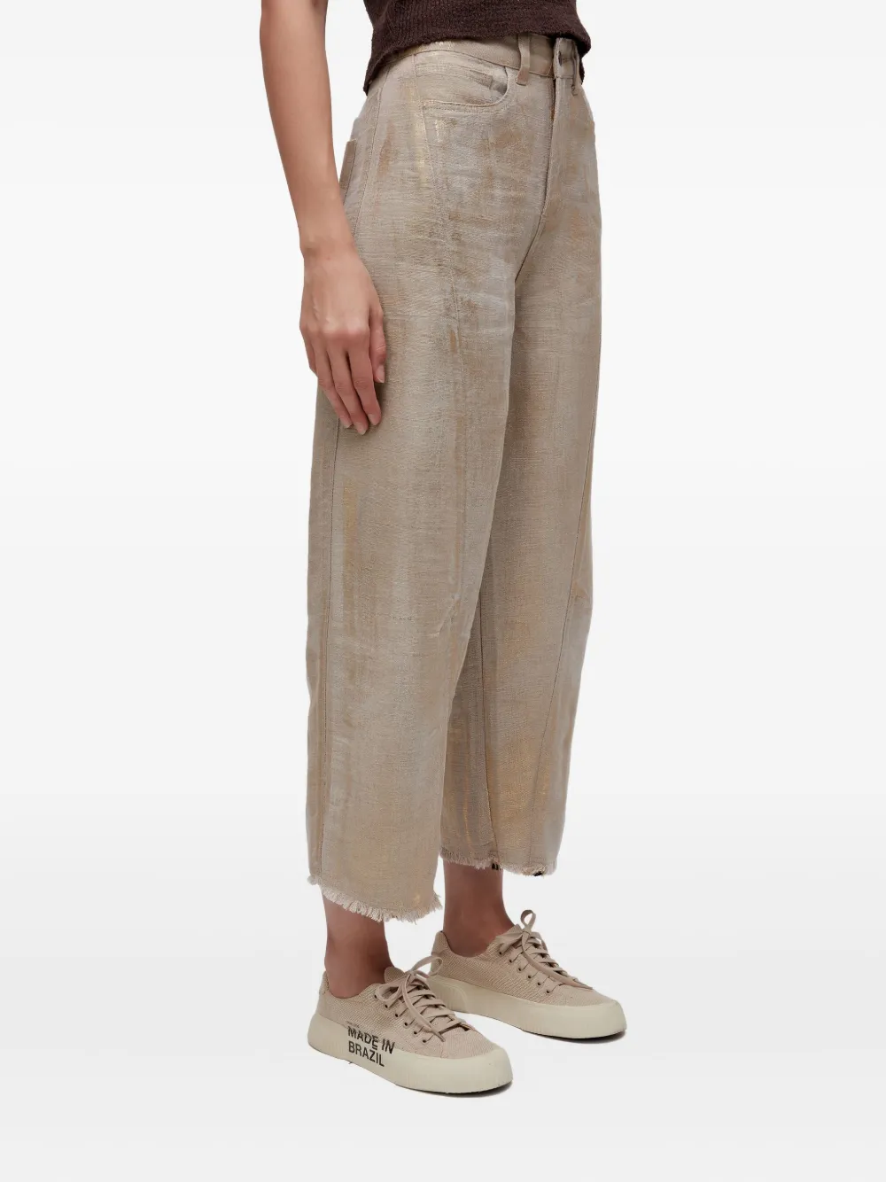 Osklen Metallic Frayed-hem Cropped Trousers In Brown