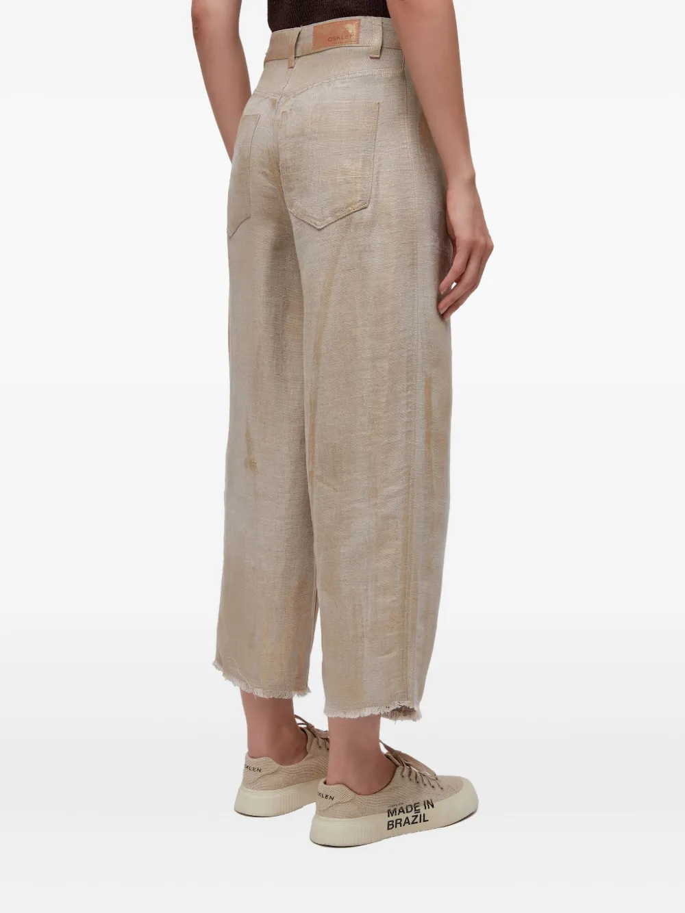 Osklen Metallic Frayed-hem Cropped Trousers In Brown