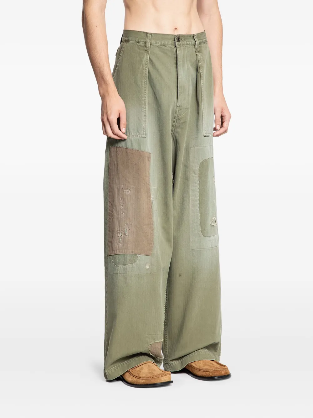 Kapital Herringbone Fatigue Baggy Pants In Green