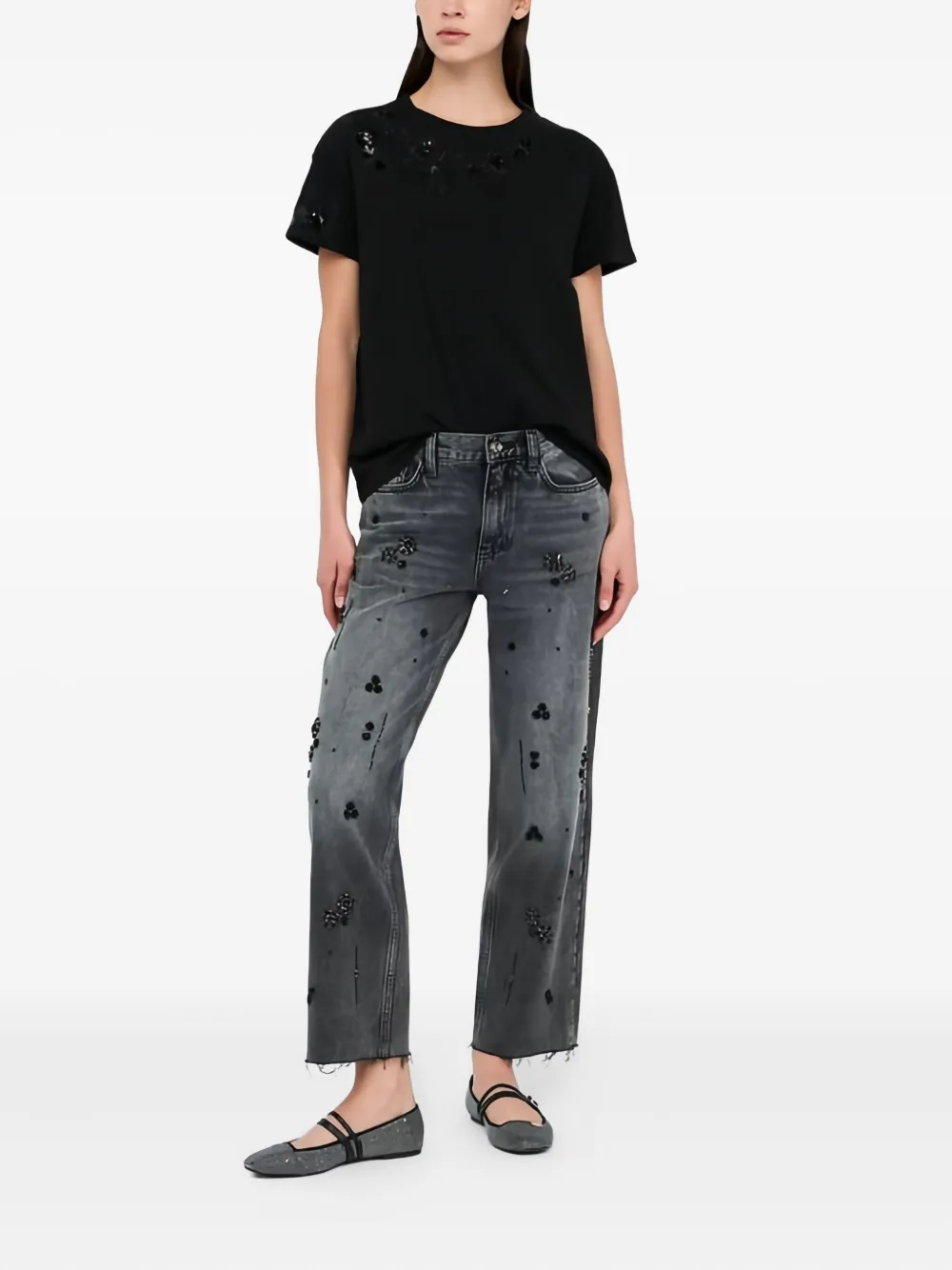 Liu •jo Floral Sequin Embroidery T-shirt In Black