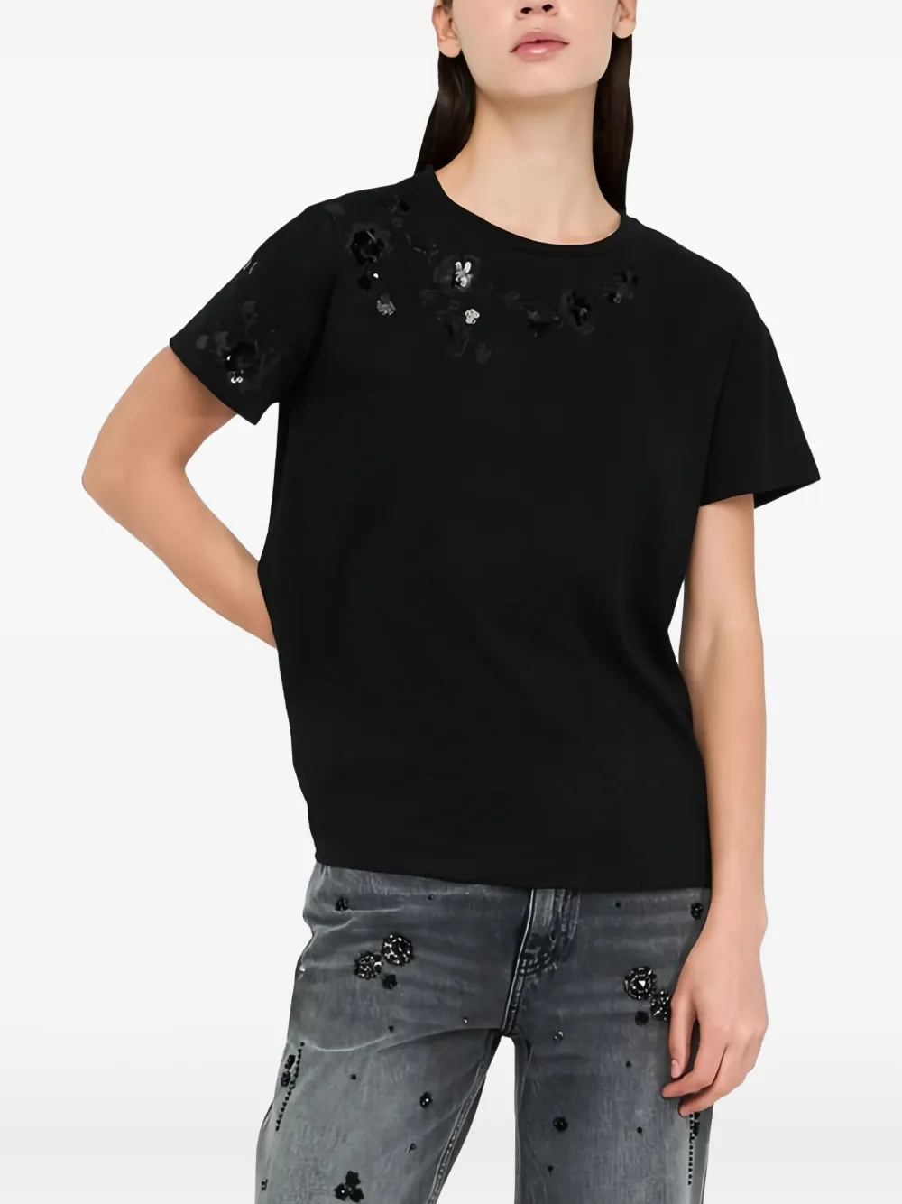 Liu •jo Floral Sequin Embroidery T-shirt In Black