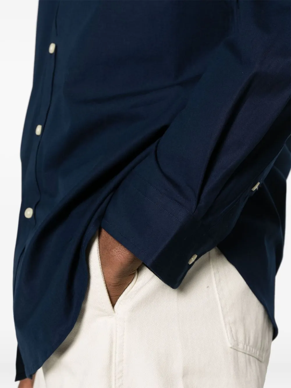 Polo Ralph Lauren Navy Blue Stretch-cotton Button-down Shirt With Signature Motif In Blue