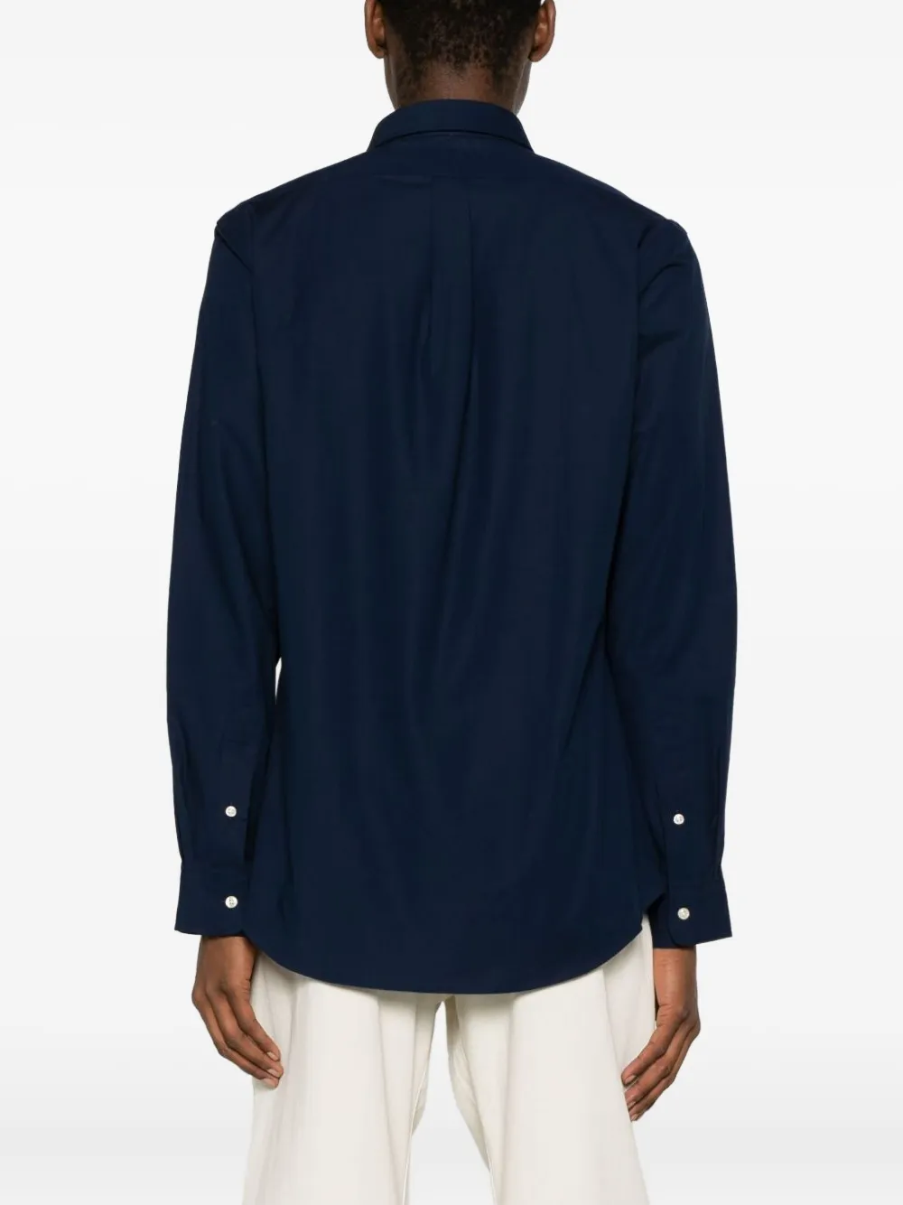 Polo Ralph Lauren Navy Blue Stretch-cotton Button-down Shirt With Signature Motif In Blue