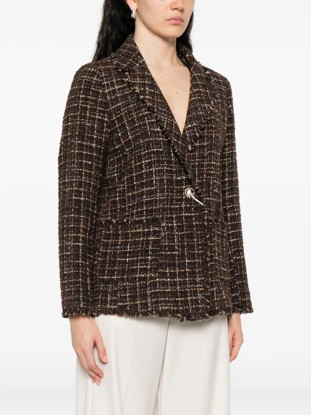 I BLUES Tweed blazer met franje Bruin