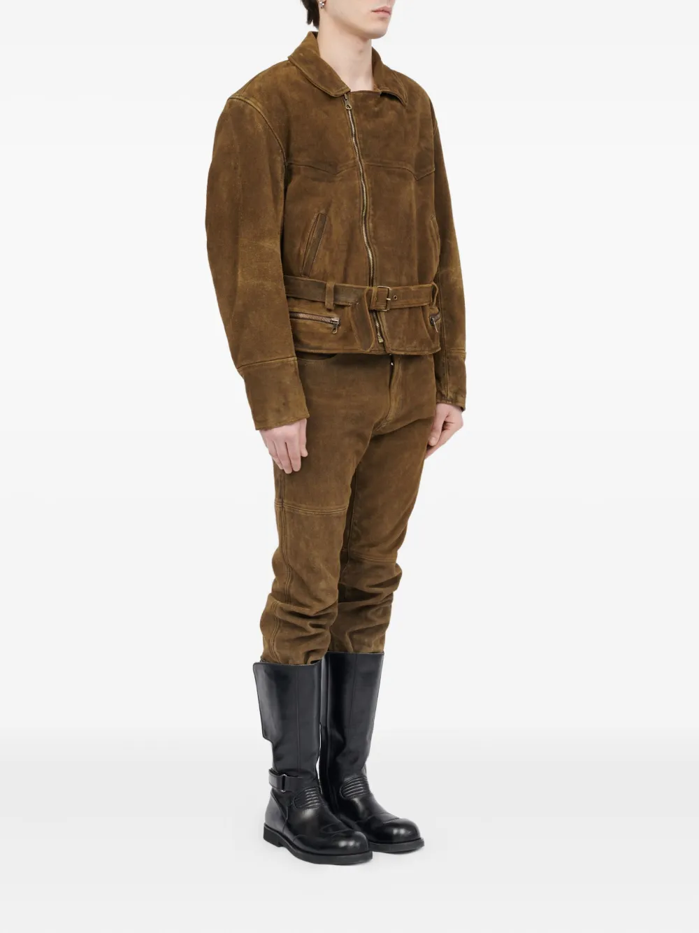 MM6 Maison Margiela Leren jack met asymmetrische rits en riem Bruin