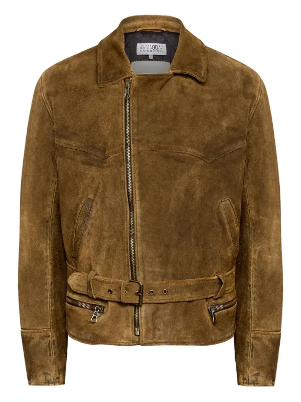 MM6 Maison Margiela Belted asymmetrical-zip Leather Jacket | Brown