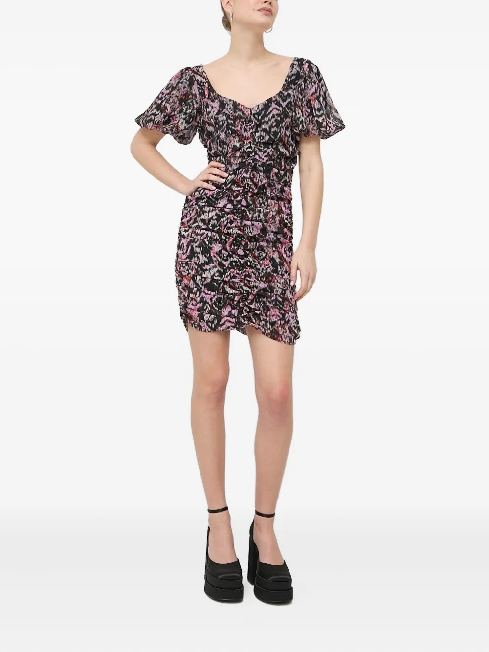 Notes Du Nord Puff-sleeve Ruched Mini Dress In Multi
