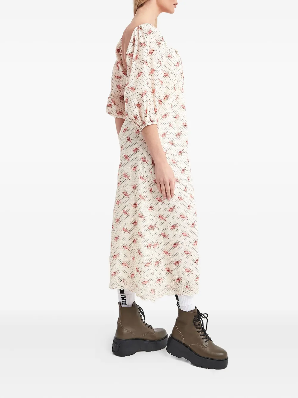 Notes du Nord Midi-jurk met pofmouwen - Beige