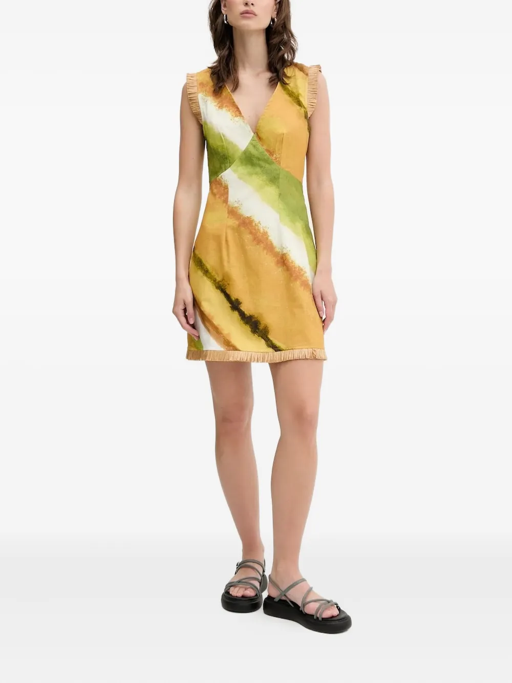 NEVER FULLY DRESSED Deia mini-jurk met abstracte print en franje Geel