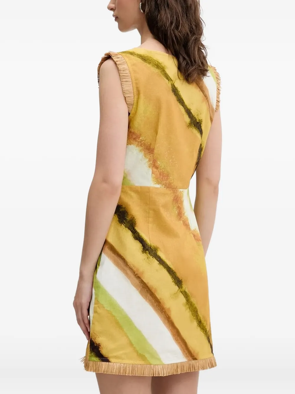 NEVER FULLY DRESSED Deia mini-jurk met abstracte print en franje Geel