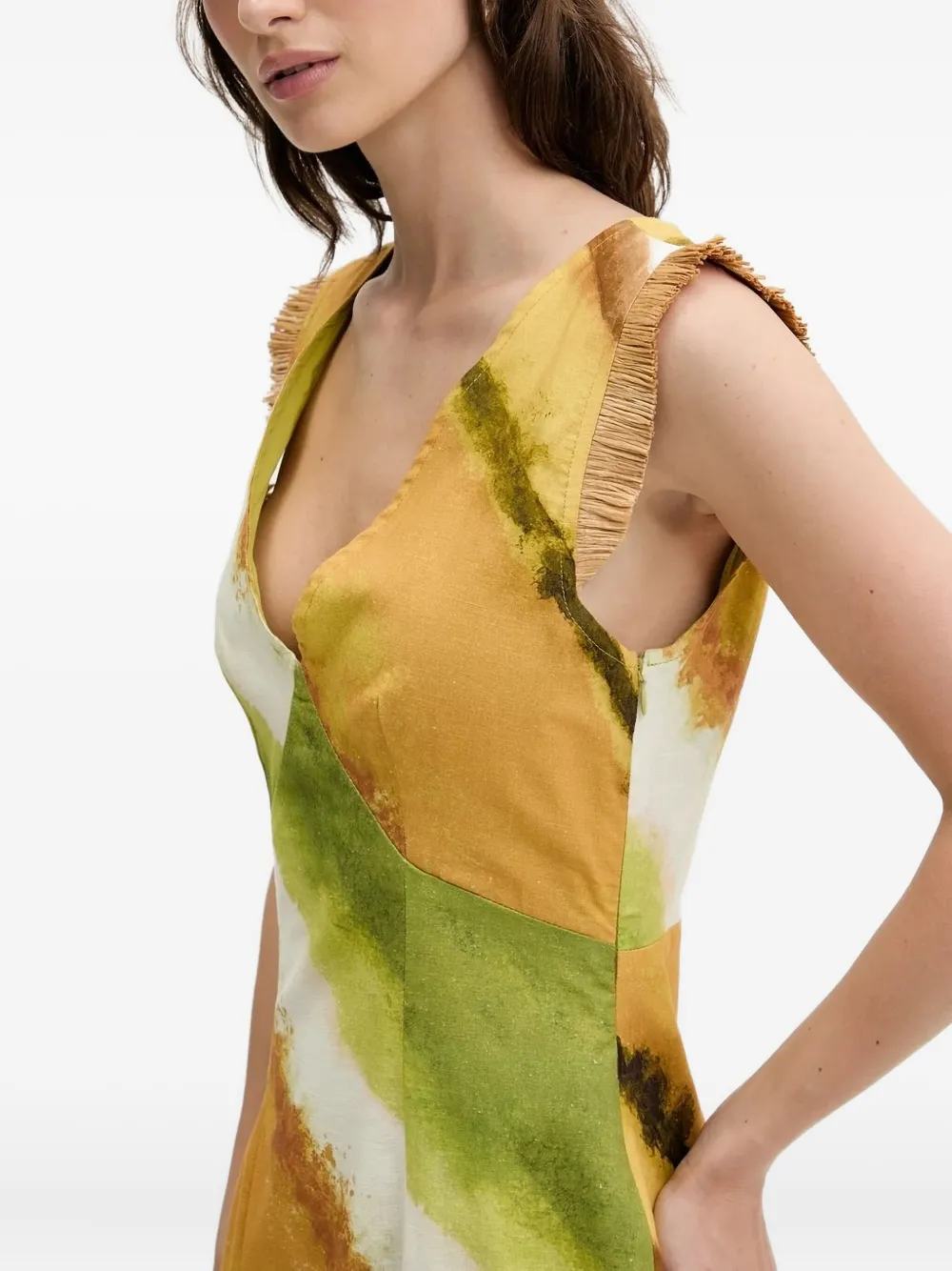NEVER FULLY DRESSED Deia mini-jurk met abstracte print en franje Geel