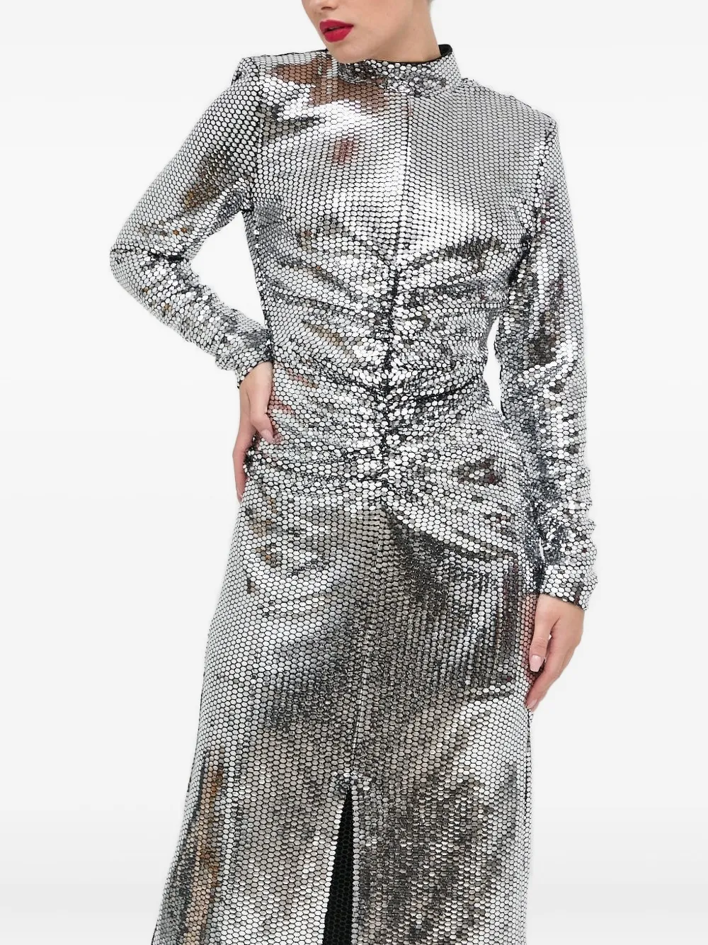 Notes Du Nord Mirorred-finish High-neck Midi Dress In Gray