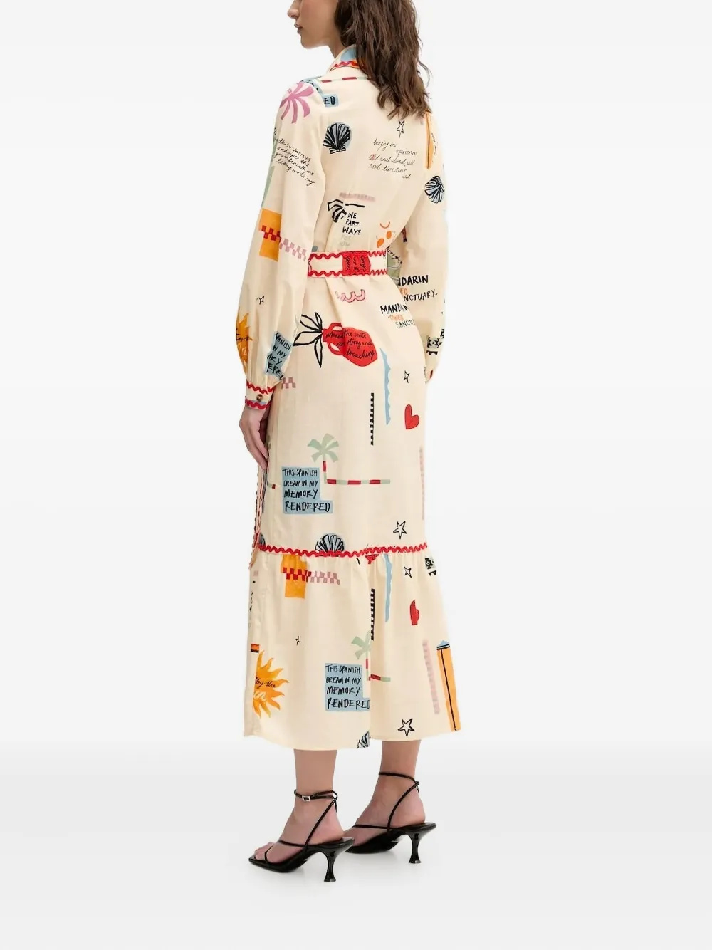 NEVER FULLY DRESSED Midi-jurk met franje en print Beige