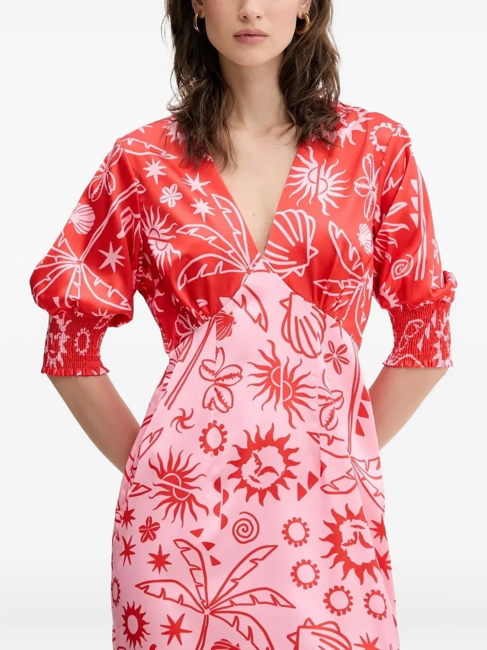 NEVER FULLY DRESSED graphic-print V-neck midi dress Rood