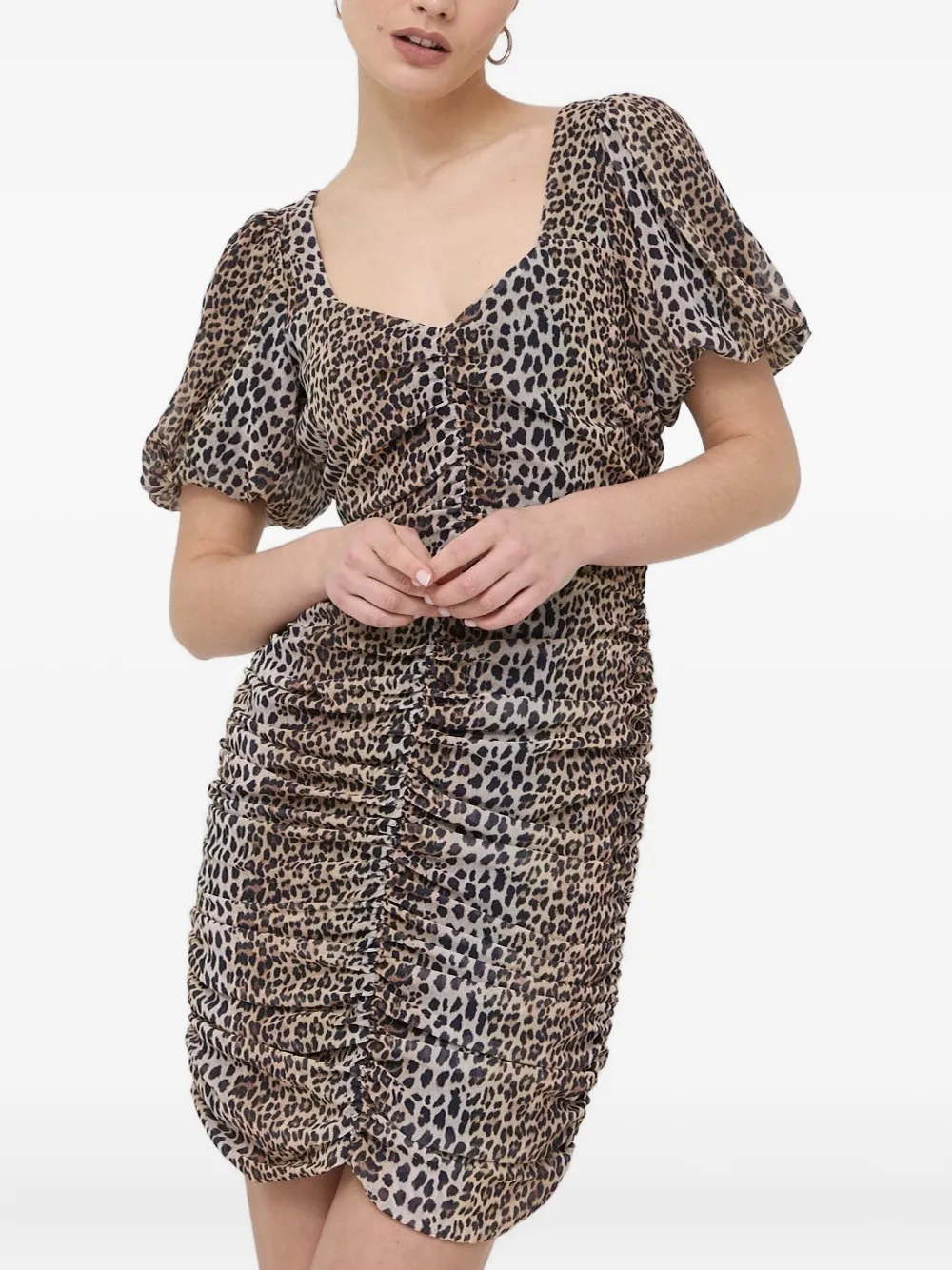Notes Du Nord Puff-sleeve Ruched Dress In Animal Print